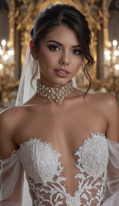 (((best quality))),(((ultra detailed))),(((masterpiece))),illustration,a girl,slim,bun,alluring,sexy,charming,smile,crystal necklace,white lace wedding dress, big breasts, hourglass figure, Set the scenario in a luxury church full of gold details, night sc...