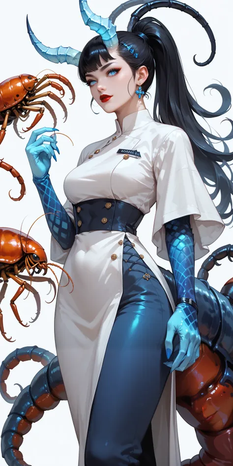 The girl is an insectoid demon. She is dressed in a doctor's costume: blue capri pants , white medical robe, silicone gloves. Her tail is the tail of a centipede.. There are six horns on the head. she has short black hair: a wolf haircut and long ponytail ...