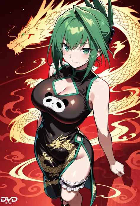 masterpiece, best quality, high quality DVD, anime, Aejun, green eyes, green hair, hair intake, folded ponytail, bare shoulder, black dress,  sleeveless dress, cleavage cutout in the lower direction of the whole body, Dragon print , side slit, panda print,...