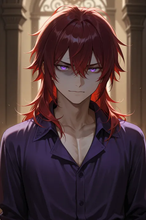 A man with dark red hair, an indifferent face in purple eyes, wearing a Middle European shirt.