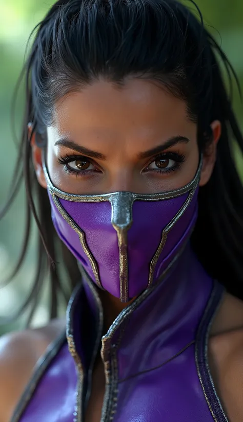 Hyper-realistic photographic style. as mileena mortal komat. Close-up do rosto. Extremely realistic roxo mask and silver details. flawless skin texture. Bottom: dense praia, Greg Rutkowski style . dramatic lighting. 8k. 8k, rendered in Unreal Engine 5 real...