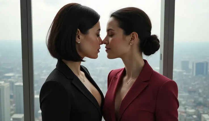 Two women, lesbian love, beautiful, desire, intense, intimate, teasing whisper, morning skyscraper, office . A FEMALE beautiful CEO( Elise Harrington, mid-30s with a sharp dark bob haircut, wearing an elegant CEO outfit) leaning and teasing a WHISPER to a ...