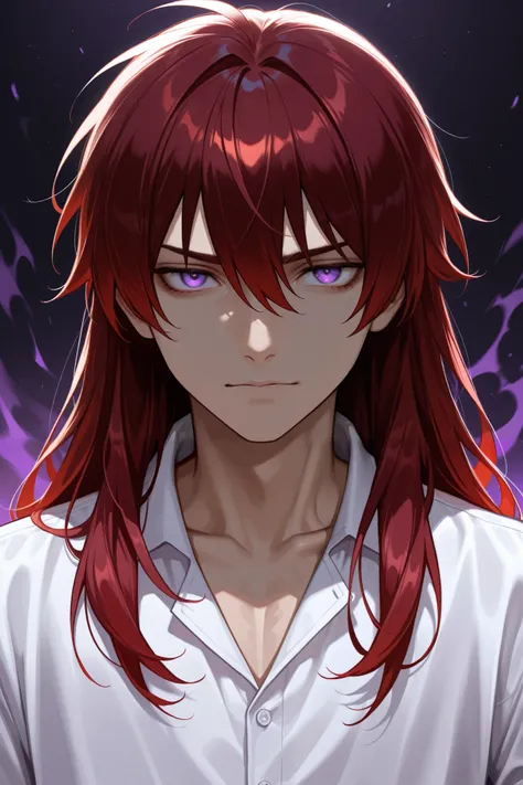 A man with dark red hair, an indifferent face in purple eyes, wearing a Middle European shirt.