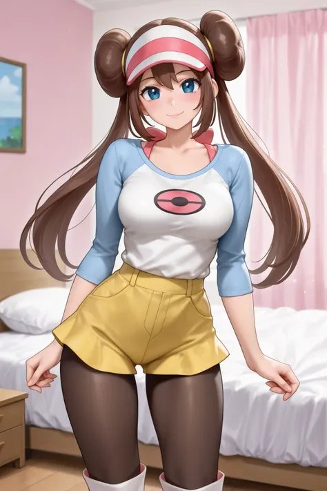 1 girl, solo, female only,
(Rosa\(pokemon\), pokemon character,)
brown hair, double bun, twintails,
blue eyes,
medium breasts, slender,
(Rosa\(pokemon\) outfit,)
Bedroom, girly bedroom, looking at viewer, happy, happy expression, horny, blushing, blu...
