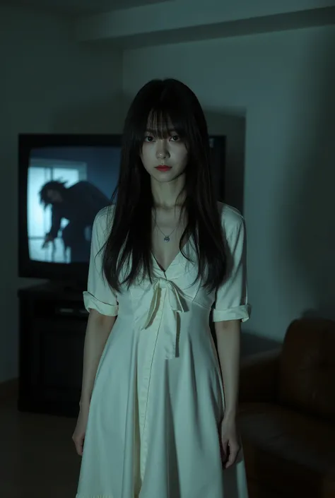 Create a haunting scene from a horror film featuring a beautiful Japanese actress. She has lifeless, pale skin and an unhealthy complexion, embodying fear with her messy, long black hair that falls over one eye. Dressed in a flowing pure white dress, she s...