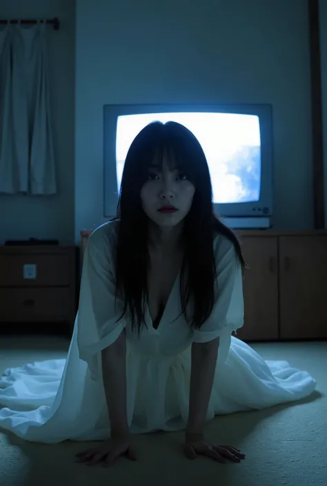 Create a haunting scene from a horror film featuring a beautiful Japanese actress. She has lifeless, pale skin and an unhealthy complexion with deep purple lips. Her long, messy black hair is one-length, with one eye obscured. She wears a flowing, pure whi...
