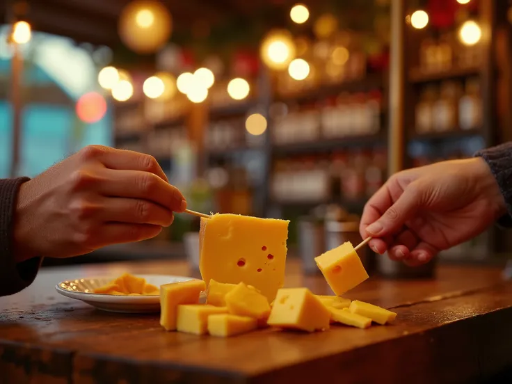 different hands snacking with a toothpick, a cheese cut into cubes, on a bar table in a typical Brazilian bar, cheerful lighting , propaganda photo, advertisement image, realistic image, realism, outdoor bar environment