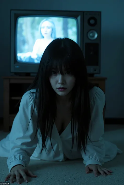 Create a haunting scene from a horror film featuring a beautiful Japanese actress. She has lifeless, pale skin and an unhealthy complexion with deep purple lips. Her long, messy black hair is one-length, with one eye obscured. She wears a flowing, pure whi...