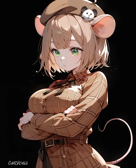 girl,Mouse Ear,light brown hair,in green eyes,,for short hair,, comic dress,big breasts,cute,brown short skirt,Slim legs,With rat tail,Sherlock Holmes series ,black black background,Put on a brown hat,brunette dress ,Long Sleeve Brown Shoulder Robe,ต้นSlim...