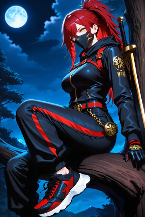 1girl, girl_focus, red hair, long hair, golden eyes, ninja swords, solo, black jacket, gloves, mask, sitting, sneakers, black cargo pants, looking_at_viewer, sitting in a tree, belt, hood, black_pants, black_gloves, weapon_on_back, busty body, full moon, n...