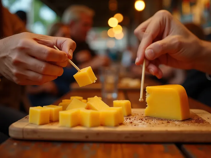 different hands snacking with a toothpick, a cheese cut into cubes, The cheese is on a cutting board on the bar table of a typical Brazilian bar, cheerful lighting , propaganda photo, advertisement image, realistic image, realism, outdoor bar environment