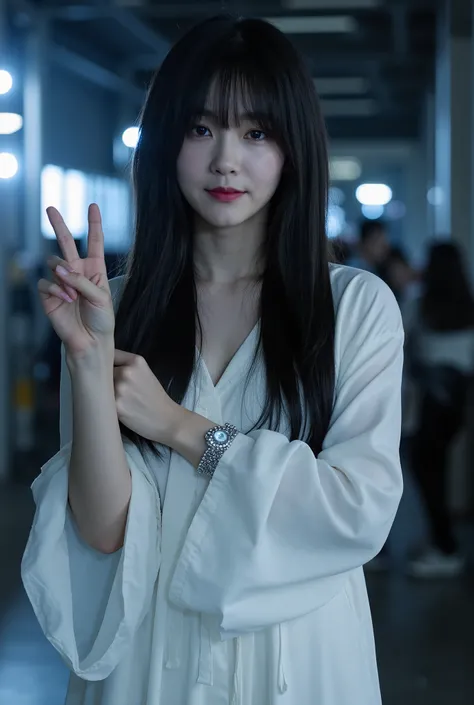 Create an image of a beautiful Japanese actress pauses during the filming of a horror movie, posing for a commemorative photo with fellow actresses. She has a ghostly pale complexion, unhealthy skin tone, and deep purple lips. Her long, messy black hair fa...