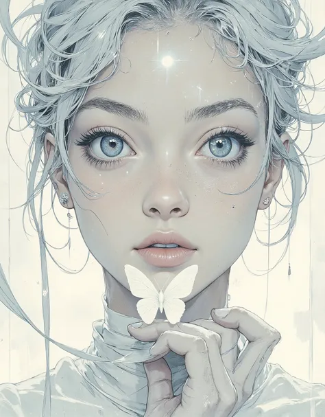 A surreal, ethereal portrait of a woman, taken in close-up, with a fascinatingly beautiful, almost angelic appearance, looking over her shoulder, a small white live butterfly sitting on her fingertips, her pale face seems to glow, smoothly merging with a p...