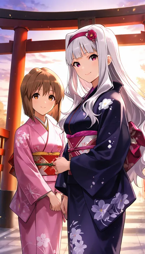 score_9 , score_8_up , score_7_up , source_anime ,2 girls, Shijou Takane, white hair, long hair, BREAK, purple eyes, Simple headband, gentle smile, Hagiwara Yukiho, brown hair, short hair, brown eyes, Smile shyly, kimono, In front of the torii gate, sunris...