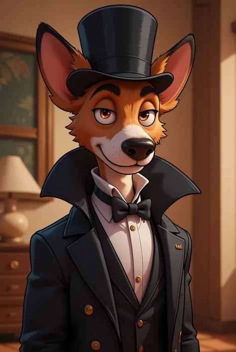 2-D art, cartoon style, old-school Disney, hand drawing, (best quality, masterpiece:1.2), side view, anthropomorphic, a Fox Terrier dog with short hair, wearing long black coat and black cylinder hat, crime leader, like a 1890s style, noire, simple lines, ...