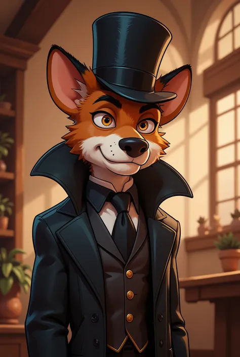 2-D art, cartoon style, old-school Disney, hand drawing, (best quality, masterpiece:1.2), side view, anthropomorphic, a Fox Terrier dog with short hair, wearing long black coat and black cylinder hat, crime leader, like a 1890s style, noire, simple lines, ...