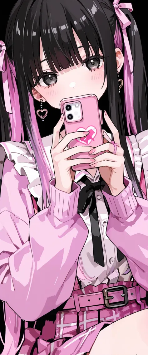 I am supporting my idol、Landmine Woman、cute、dark、Menhera、Mine system、Straight black hair in twin tails、
Pink inner color、Black, pink or purple clothes、
Earrings、ribbon、Cross and heart motifs、Holding your phone in your hand、