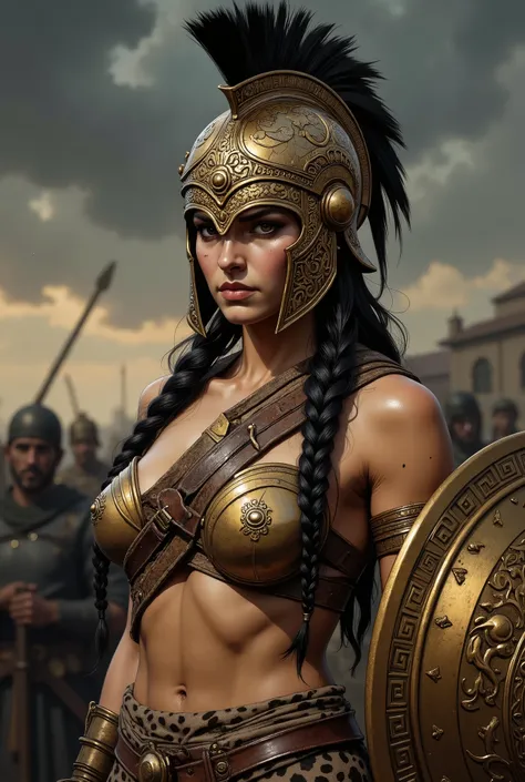 Une guerrière inspirée des mythiques amazone grecques seins nus. Elle a un corps fin et musclé. Elle est vêtue seulement d'une peau de léopard. Elle a des brassards et des jambières de bronze et porte une bouclier en forme de demi-lune et un xiphos grecque...