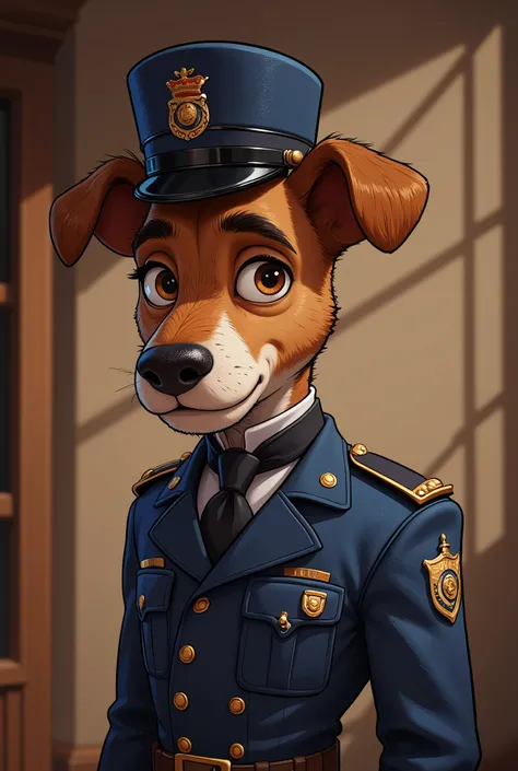 2-D art, cartoon style, old-school Disney, hand drawing, (best quality, masterpiece:1.2), side view, anthropomorphic, a Jagdterrier dog with short hair, wearing english police uniform, police inspector, like a 1890s style, noire, simple lines, looking to c...