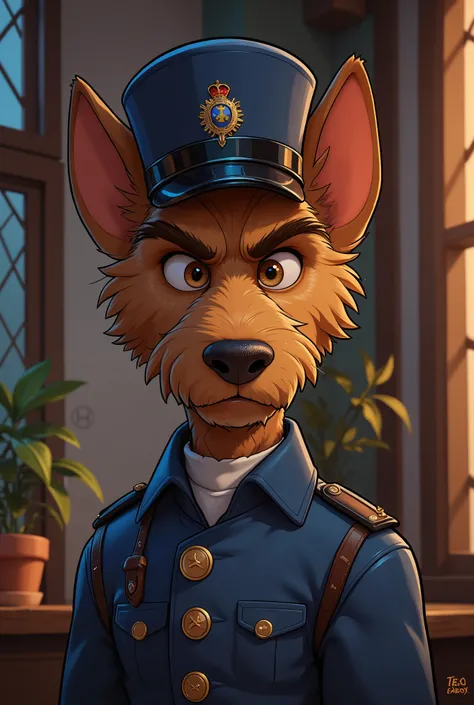 2-D art, cartoon style, old-school Disney, hand drawing, (best quality, masterpiece:1.2), side view, anthropomorphic, a Jagdterrier dog with short hair, wearing english police uniform, police inspector, like a 1890s style, noire, simple lines, looking to c...