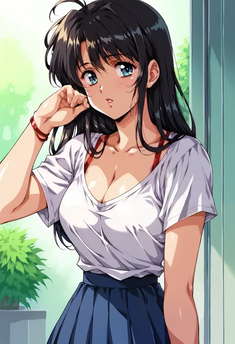  Black Hair 、 dark blue skirt 、 wears a plain white t-shirt that shows cleavage、 hairstyle is straight and semi-long  、My eyes are blue、A neat and clean woman，Image size from head to waist、 nothing、View back background 、 angle from profile、gloss、 high imag...
