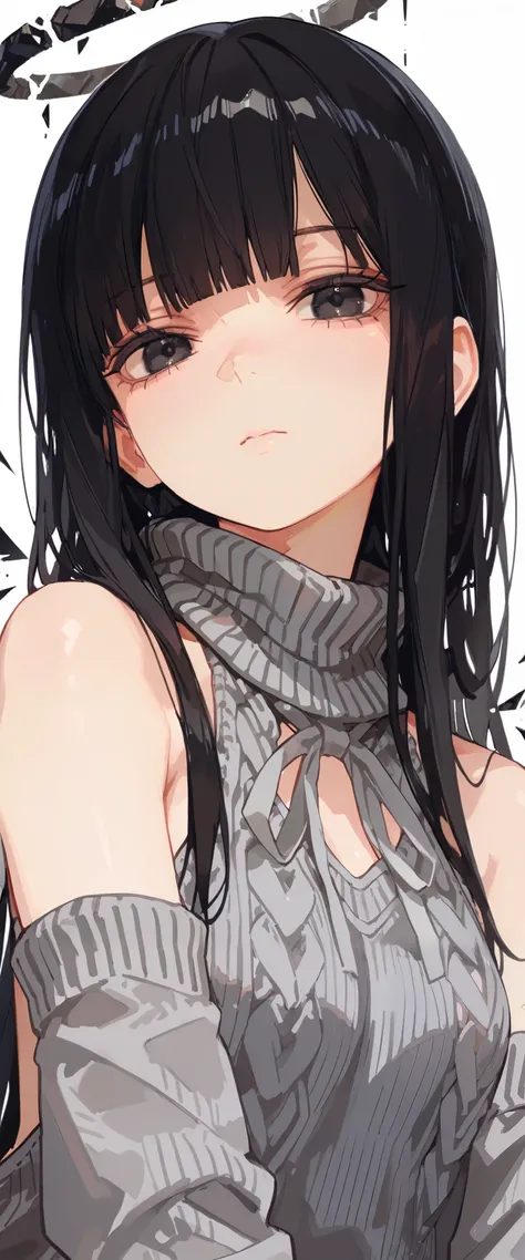 (score_9, score_8_up, score_7_up), 1girl, black hair, blunt bangs, long hair, broken halo, black eyes, alternative clothes, virgin killer sweater, detached sleeves, gray sweater, energy wings, looking at viewer, upper body, zoom out, small breasts, calm, p...