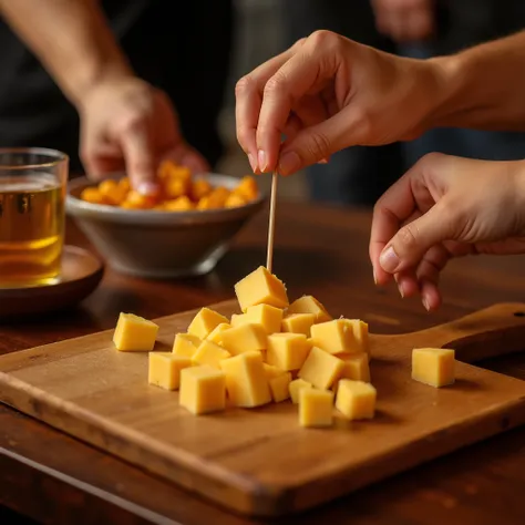 different hands snacking with a toothpick, a cheese cut into cubes, The cheese is on a cutting board on the bar table of a typical Brazilian bar, Is there a glass of beer and a side dish, cheerful lighting, propaganda photo, advertisement image, realistic ...