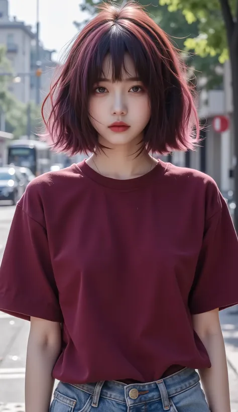 Yoshihide , Maroon Bangs Hairstyle, Wear a large maroon t-shirt, with comfy jeans or skirt, Mid-range , On the Street, detailed portrait , realistic, Professional Photography, Studio Lighting, clear focus, Physically based rendering, super detailed, 8,00...