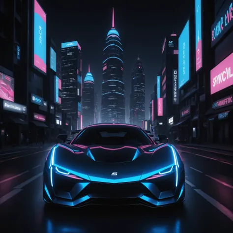 a sleek futuristic-style car parked in a neon-lit cityscape, wide angle shot showcasing the reflective metallic surface with smooth curves and sharp edges, glowing blue headlights and tail-lights, hovering slightly above the ground, minimalistic design wit...
