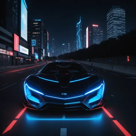 a sleek futuristic-style car parked in a neon-lit cityscape, wide angle shot showcasing the reflective metallic surface with smooth curves and sharp edges, glowing blue headlights and tail-lights, hovering slightly above the ground, minimalistic design wit...