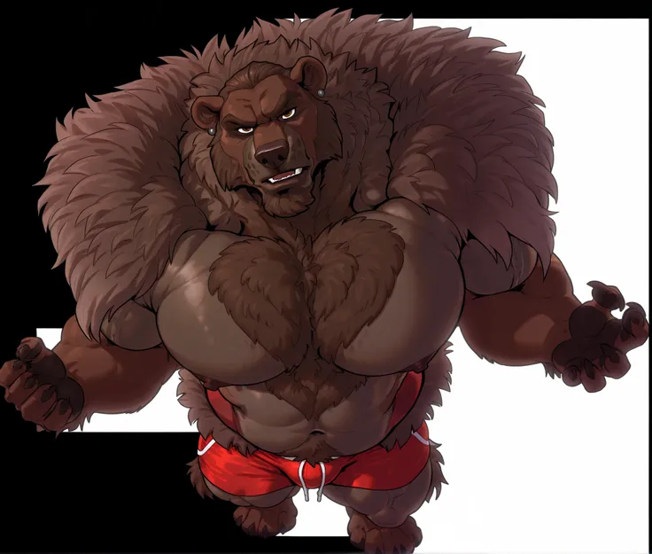 Solo, 1boy, Muscular Old, grunts, focus, look at viewer, wide shoulder, pectoral, thick arms, huge pectoral, wide pectoral, height: 8ft, weight: 440lbs, a grizzly bear wrestler in a red shorts with white slits, as he gets ready to rumble, Walt Disney 2D Zo...