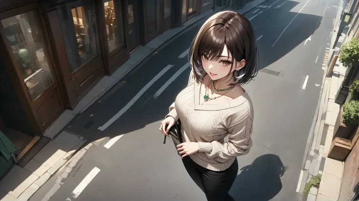 (masterpiece, best quality:1.2), a woman, solo, standing posing, looking for forward, Full body, from above, 
detailed brown hair, brown eyes, 
BREAK job: Psychic, 
Costume: Wearing a hand-knitted sweater,Beige, Street Casual, 
Equipment: Transparent jade ...
