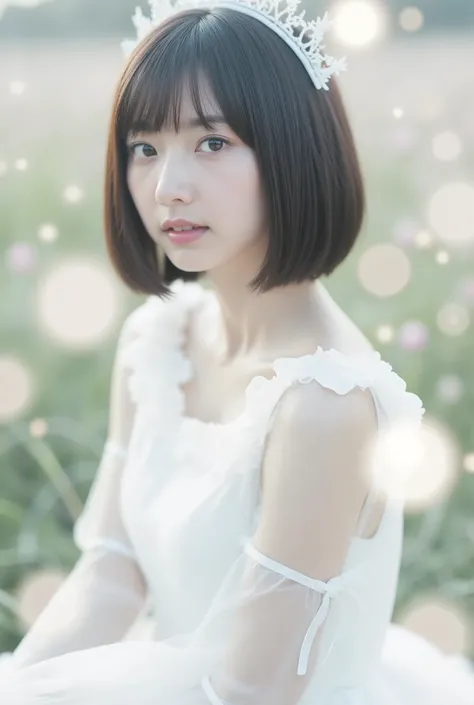 Create an image of a fair-skinned Japanese girl with short-length straight hair stands gracefully in a 'White Cinderella' costume. The composition captures her in a knee-length pose against a blurred background that resembles a white fantasy world, with a ...