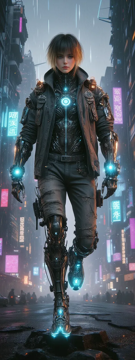 Cyberpunk neo-futurism, hyper-detailed biomechanical realism, post-human aesthetics,
full-body portrait of a cybernetically enhanced humanoid,
Hair: gradient gold-to-black short hair with nanofiber texture,
Eyes: bionic left eye with glowing cyan iris (h...
