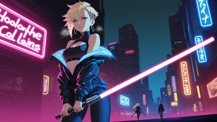 "A cyberpunk style female character stands in a fighting stance with a lightsaber in a futuristic, neon-lit ruined city. She has very short blonde hair that is undercut in the back and wears black hoop earrings in both ears. Her skimpy black blouson reflec...