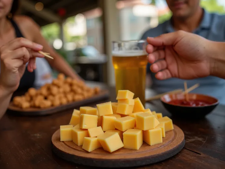 Two people snacking with toothpicks, a cheese cut into cubes, The cheese is on a cutting board on the bar table of a typical Brazilian bar, Is there a glass of beer and a side dish, cheerful lighting, propaganda photo, advertisement image, realistic image,...