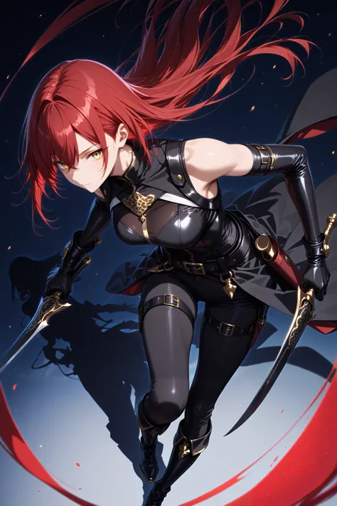 1 girl, golden eyes, red hair, long red hair, strands of hair falling forward, cool, beautiful, black pants with pockets on the sides, black boots with belt and buckles, wide black belt with buckle around her waist, black top, black elbow length gloves,  A...