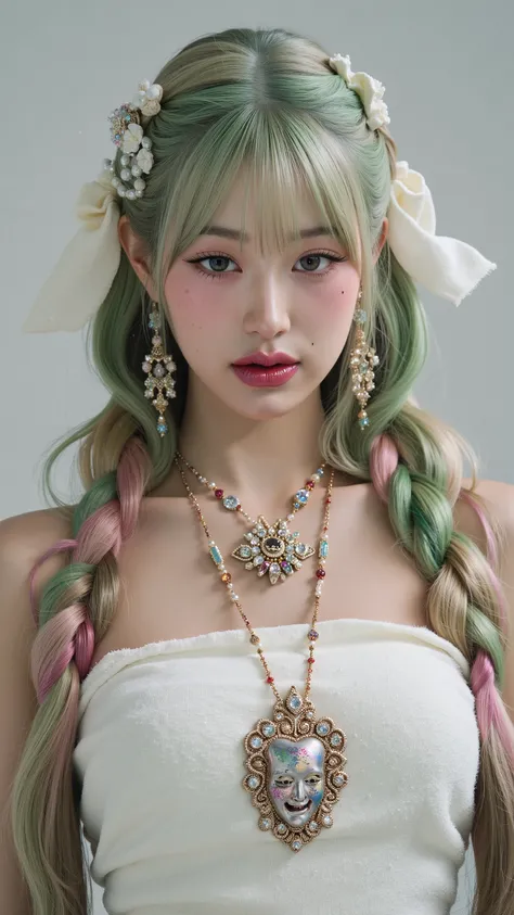 8k, masterpiece, full body, RAW photos, best quality,kanroji_mitsuri、1girl (Master peace、) (sthe highest qualit)(Shiny hair)(Glossy skin)、(gradation hair、GREEN、pink hair、Braids:1.2)、