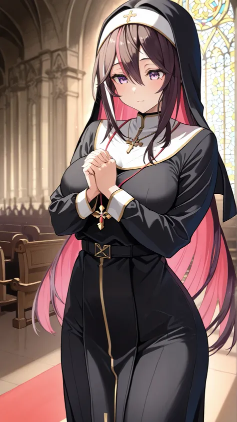 ((ultra-detailed)),best quality,masterpiece,(1 girl),solo,holy,cowboy shot,Beautiful nun, wimple, (((Sacred))),((black Cassock clothing)),church、glass、holylight,praying,masterpiece, top quality , great quality,  very aesthetic  , absurd,up to date, AZki、Br...