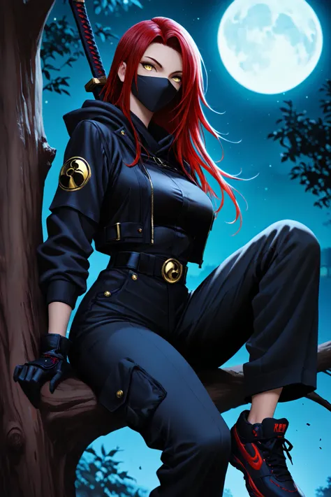 1girl, girl_focus, red hair, long hair, golden eyes, ninja swords, solo, black jacket, gloves, mask, sitting, sneakers, black cargo pants, looking_at_viewer, sitting in a tree, belt, hood, black_pants, black_gloves, weapon_on_back, busty body, full moon, n...