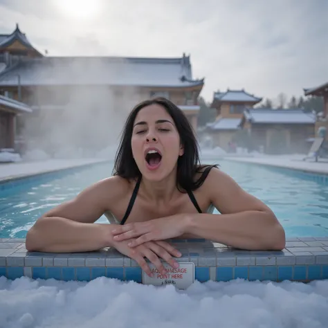 Masterpiece photo, photorealistic low angle view of beautiful young (((fullbreasted))) cute (Sarah Silverman) leaning with both arms on the rim of a public pool inmidst snowy outdoor area of a spa. In front of her on the tiled rim of the pool a plastic sig...