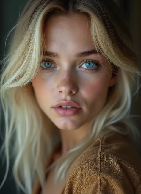 Portrait of 1 girl, in the house, blonde, russian girl, , , wonderful color, ultra realistic, Textured leather, remarkably detailed pupils, realistic dull noise skin, Visible skin details, skin fluff, dry skin, shot with an ultra camera, blue eyes, look a...