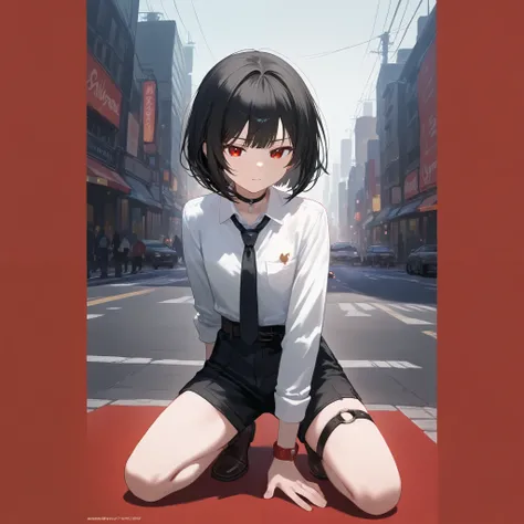 Animated boy sitting on the ground in a city street, no background, Shota, 1 boy, black hair, bob hair, red eyes