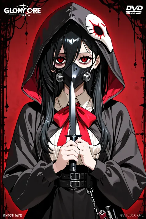 long black hair、 bright red eyes 、(underneath the eye, gloomy face )、age Girl、 plague mask、black hood、knife、anime style、Dream Core、standing up picture、high image quality、high quality DVD、(marian) 