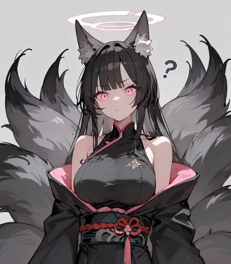 1 person,Gray fur,fox ears,Double tail, black hairยาว,halo,in the empty eye,gray background, white,In pink eyes ,Black tail,, Black Kimono,big breasts, black hair,standing, Slim legs,upper body shape, Black Sleeveless Top, robe ,long sleeve kimono,Confused