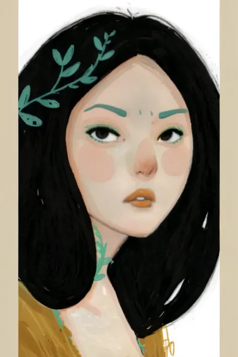2D ART, 1girl, hyper detailed gouache painting, portrait illustration, High-quality, high definition, illustration, gougoupaintleaves:1.5, long_hair, detailed face, simple white background, picture book character, FRESHIDEAS Illustration No. 12