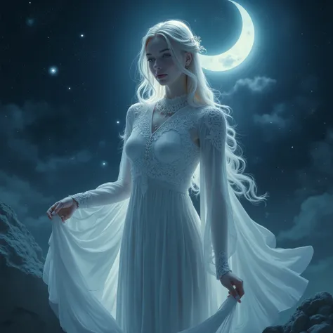 The Moon Goddess is singing a lullaby for the Earth The background is an amazing starless night face is clearly visible as a full body shot Celtic white attire