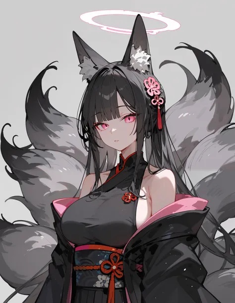 1 person,Gray fur,fox ears,Double tail, black hairยาว,halo,in the empty eye,gray background, white,In pink eyes ,Black tail,, Black Kimono,big breasts, black hair,standing, Slim legs,upper body shape, Black Sleeveless Top, robe ,long sleeve kimono,Sleevele...