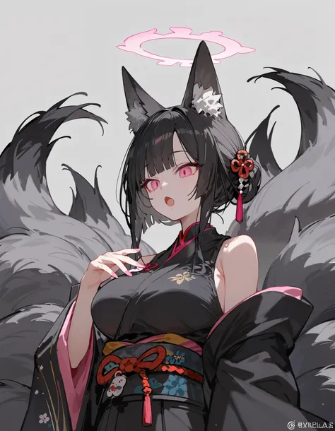 1 person,Gray fur,fox ears,Double tail, black hairยาว,halo,in the empty eye,gray background, white,In pink eyes ,Black tail,, Black Kimono,big breasts, black hair,standing, Slim legs,upper body shape, Black Sleeveless Top, robe ,long sleeve kimono,Sleevele...