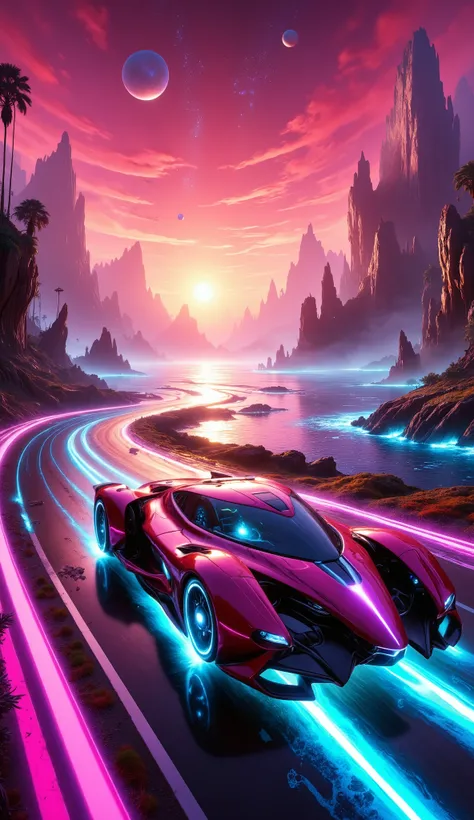 Surreal, cinematic image: a sleek, neon-lit sports car with pink, blue, and purple accents races along a rugged coastal road at sunset. Jagged mountains bathed in pink, orange, and purple hues form the backdrop, with silhouetted palm trees and a neon-lit o...